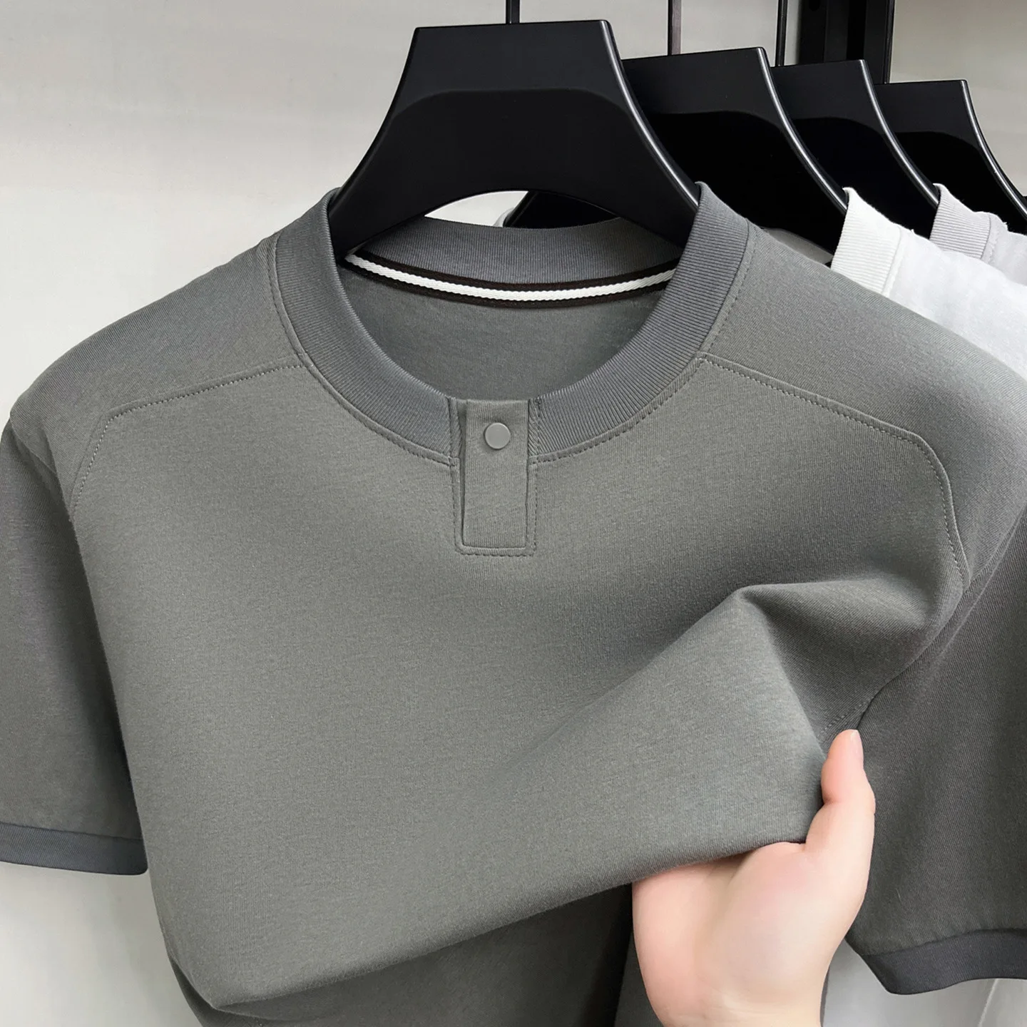 

100% Cotton Men's V-neck Short-sleeved T-shirt 2026 Summer New Casual Men's One-button Top