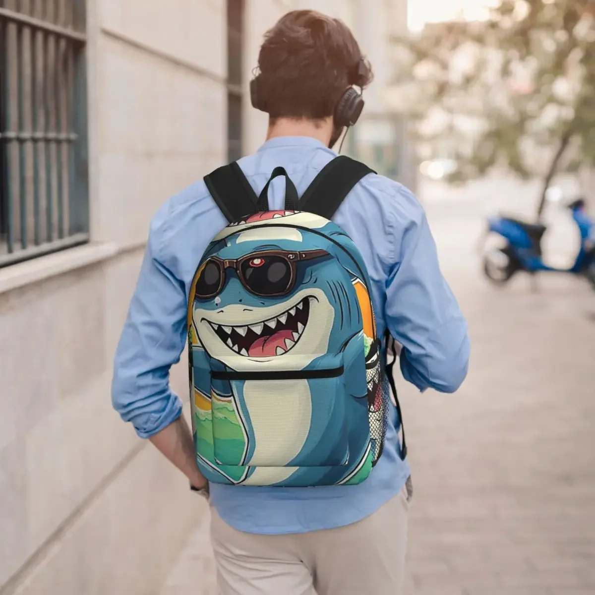 Cartoon Shark With Sunglasses Pattern Student Backpack School Bag Hiking Travel Daypack for Men Women Bookbag Shoulder Bags
