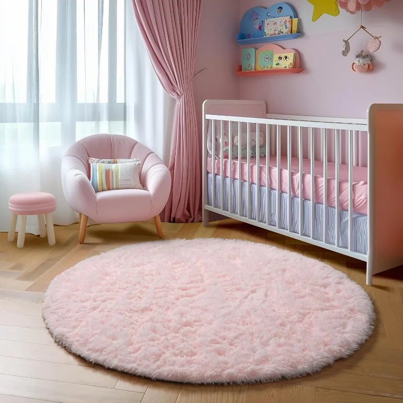 

Light Pink Round Rug 4Ft For Girls Bedroom, Fluffy Circle Area Rugs For Kids Room Decor Aesthetic, Cute Shag Fuzzy Carp