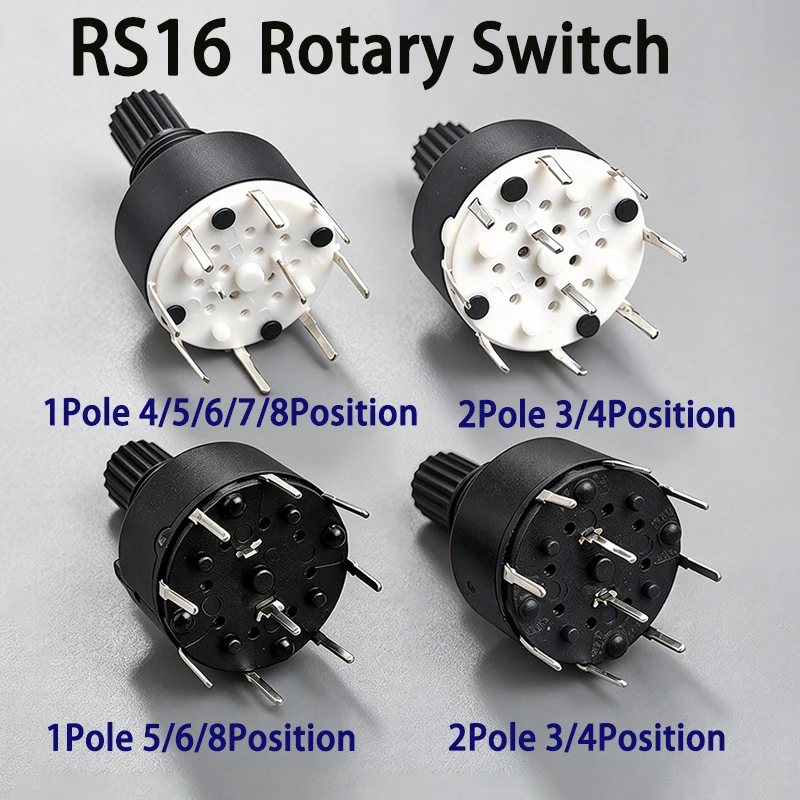 1PCS RS16 Plastic 16MM Rotary Band switch 2 Pole 3 4 position 1 Pole 4 5 6 7 8 Position Handle Length 15MM Axis band switch