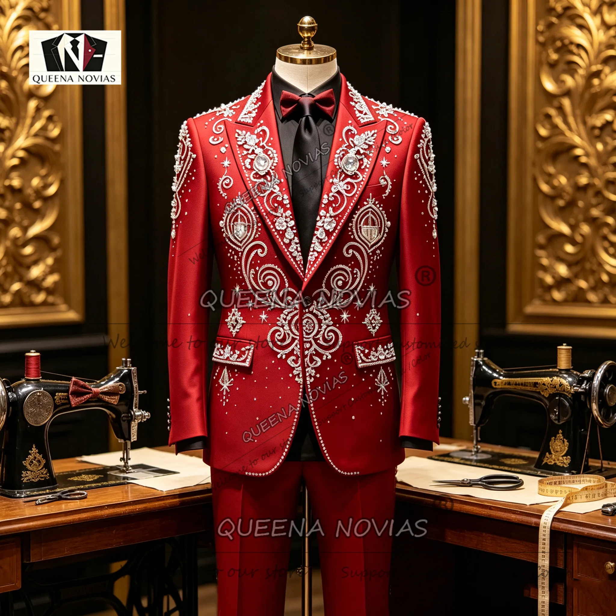 Exclusive Crystals Beading Suit Men For Wedding Slim Fit Single Breasted Jacket With Pants 2 Piece Sets Groom Formal Wear Tuxedo