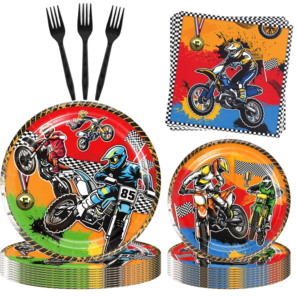 Motor Cross Party Disposable Tableware Paper Plates Cups Napkins Dirt Bike Party Supplies Kids Motorcycle Birthday Party Decor