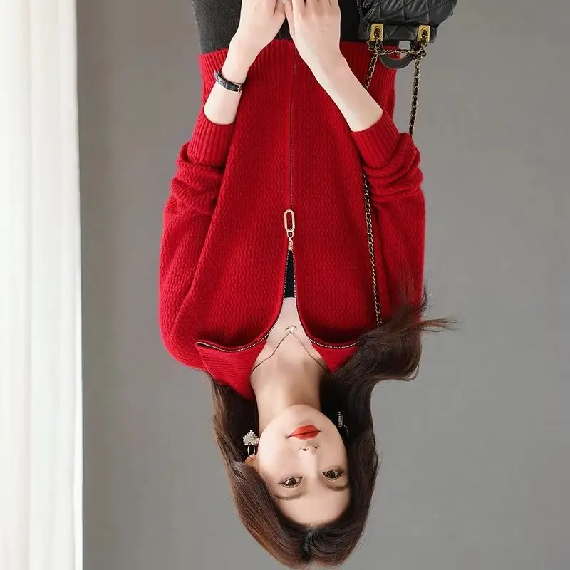 

Новый свитер с лацканами, женский осенне-зимний вязаный кардиган, пальто, женский повседневный универсальный теплый женский свитер на молнии, верхняя одежда, топы