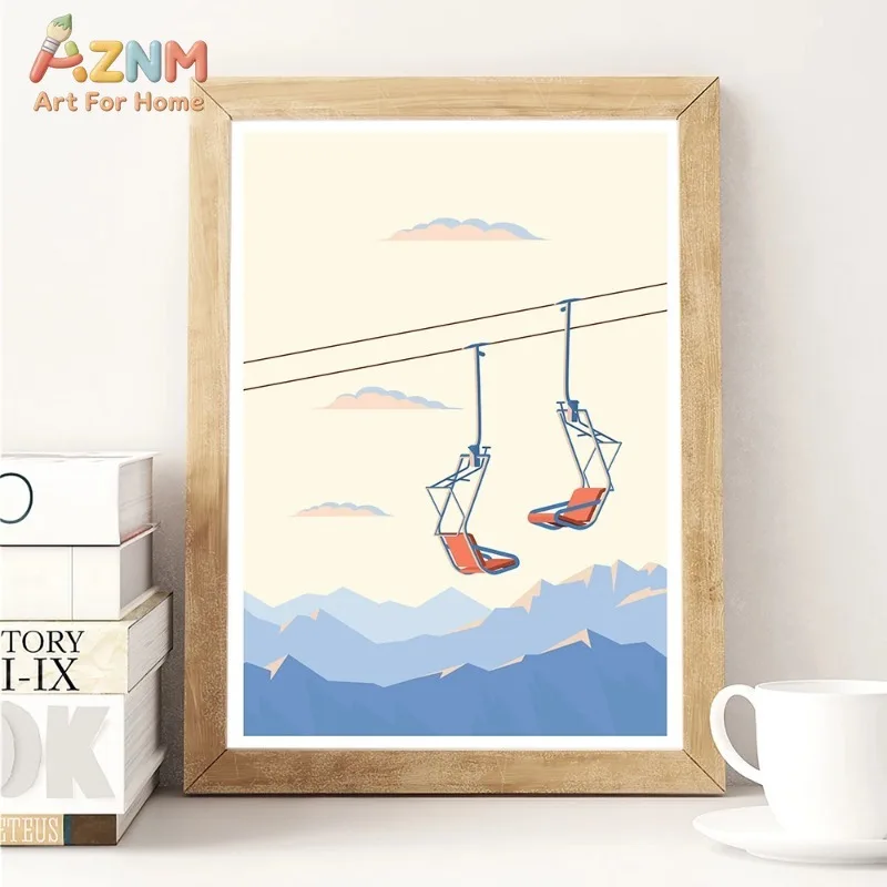 Nordic Snowy Landscape Winter Skiing Wall Art Canvas Painting Ski Lift Mountain Pictures for Living Room Decor