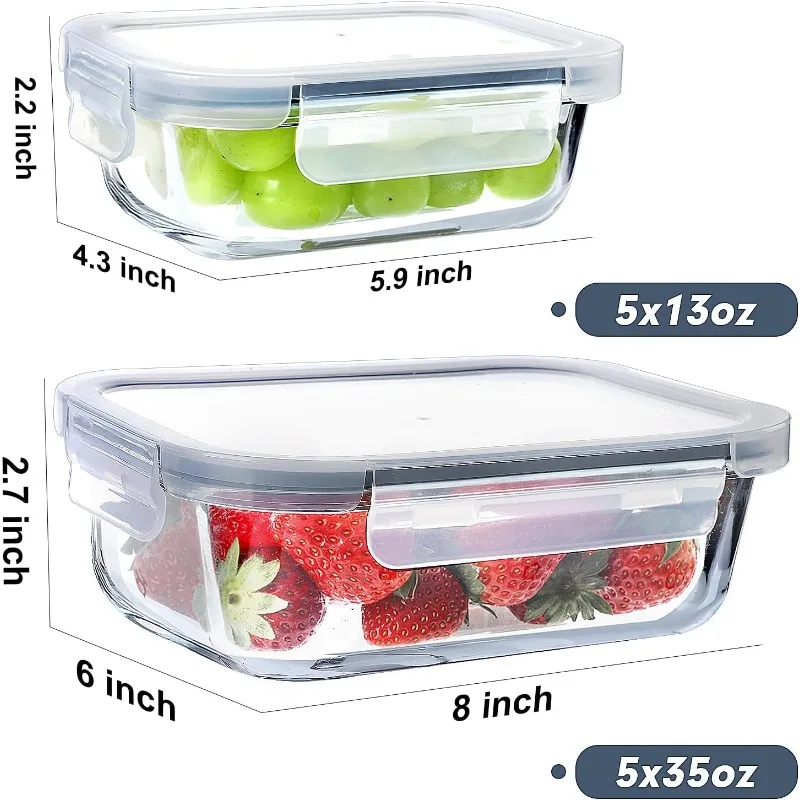 10-Pack Glass Food Storage Container with Lid, Glass Meal Preparation Container, Airtight Glass Lunch Container - Refrigerator