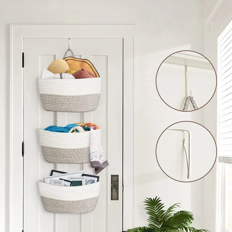 Three-layer hanging basket cotton rope hanging basket multifunctional detachable wall hanging woven storage basket