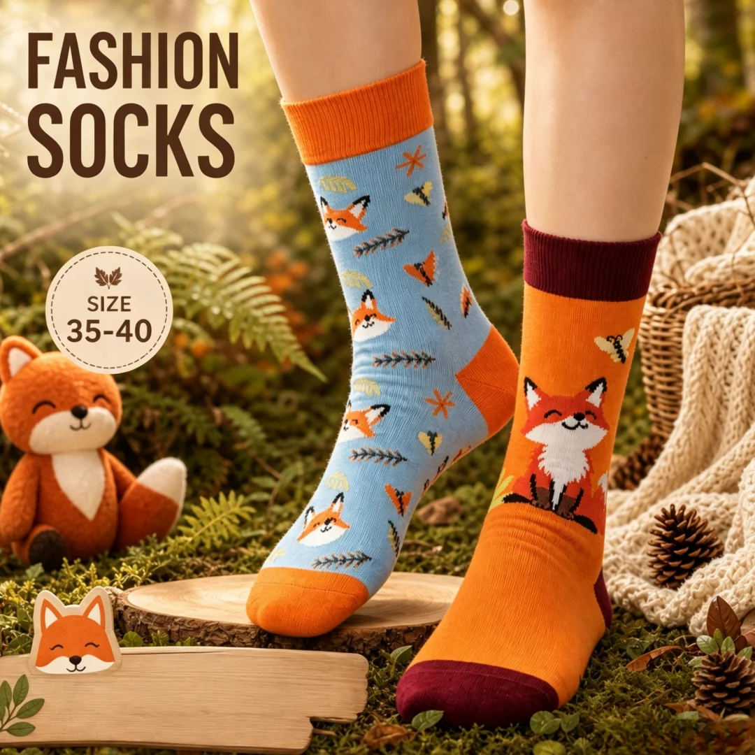 1 pair of socks with a cartoon fox print, asymmetrical design, suitable for both men and women