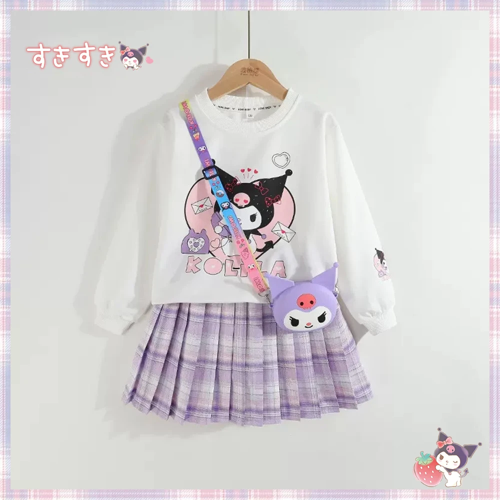 Kawaii 2Pcs Pleated Skirt Kuromi Sanrios Anime Kids Teen Skirt Plaid Y2K Skirt Japanese School Uniforms White Round Neck T-Shirt