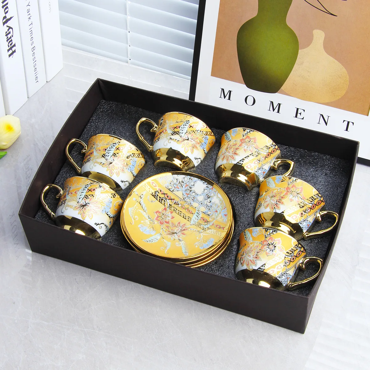 European-style ceramic coffee set, electroplated cup and saucer, afternoon cup and saucer set, dim sum cup export, Dujin