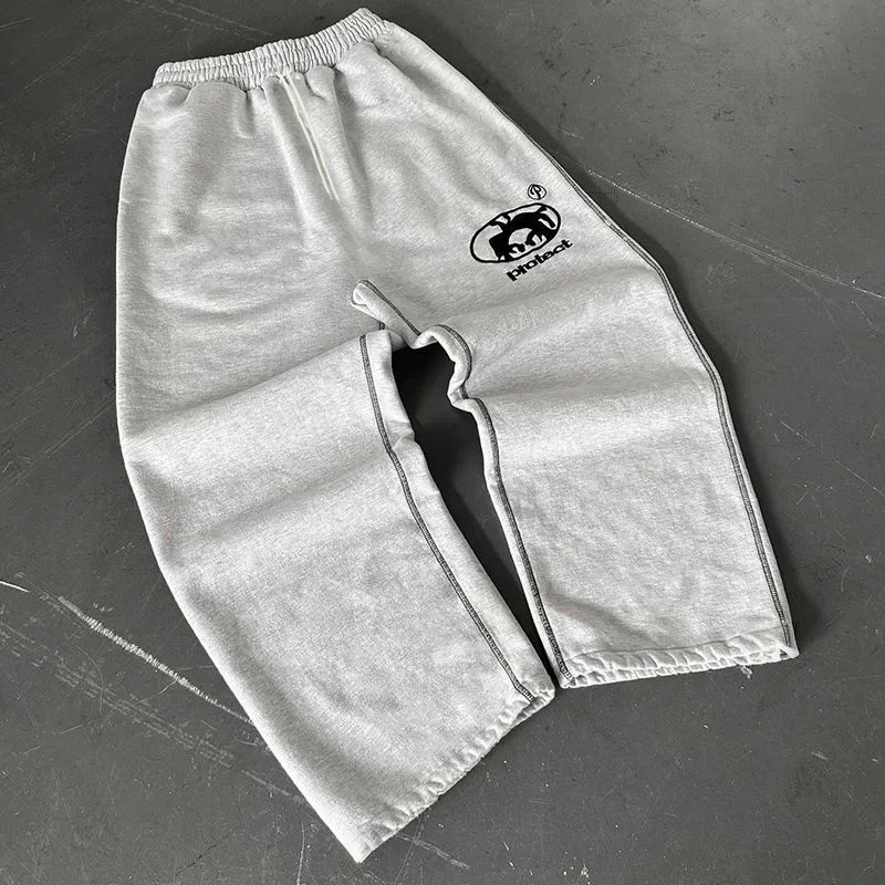 American Sweatpants Y2K Pants Men Gothic Hip Hop Letter Patch Retro Double Layer Design Baggy Elastic Waist Jogging Casual Pants