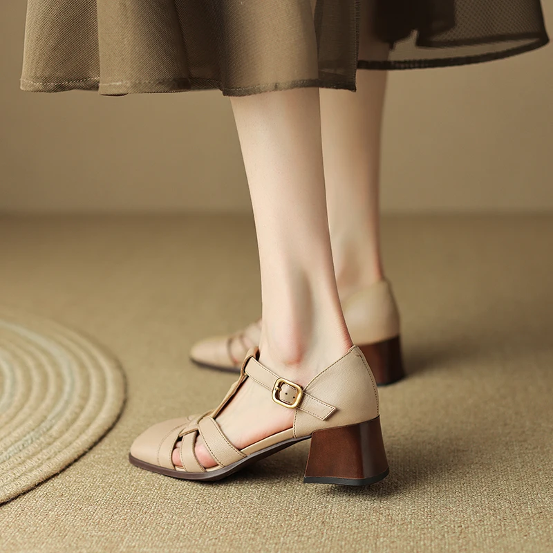 Genuine Leather Women Sandals Round Toe Chunky Heel Women Shoes Summer Roman Shoes for Women Plus Size Shoes Женские сандалии