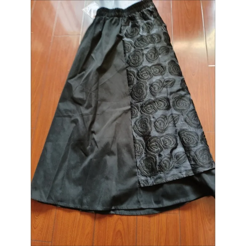 Falda negra Vintage Floral de cintura alta elástica para mujer, faldas por debajo de la rodilla informales holgadas, ropa elegante de moda para primavera y otoño 2025