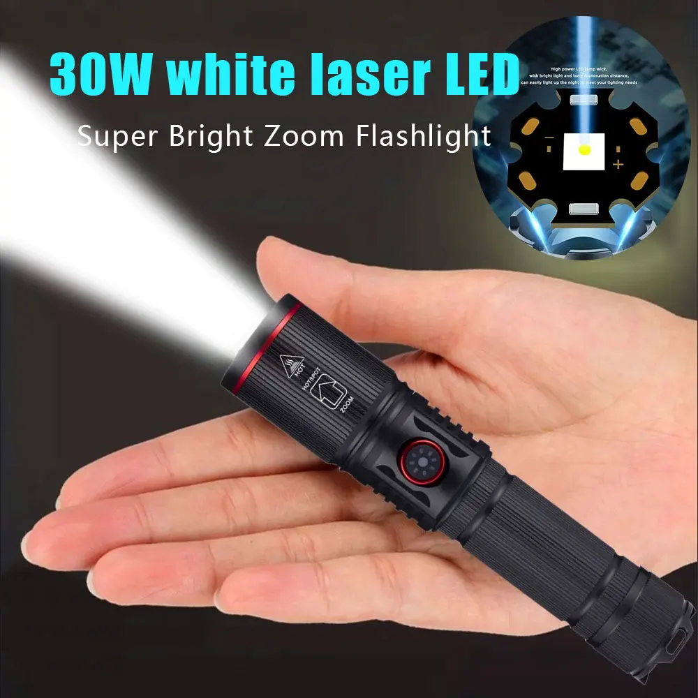 Luz LED de haz redondo con Zoom, linterna recargable por USB, lámpara de iluminación para acampar al aire libre, caza, pesca y caminar, 30W, 2000LM