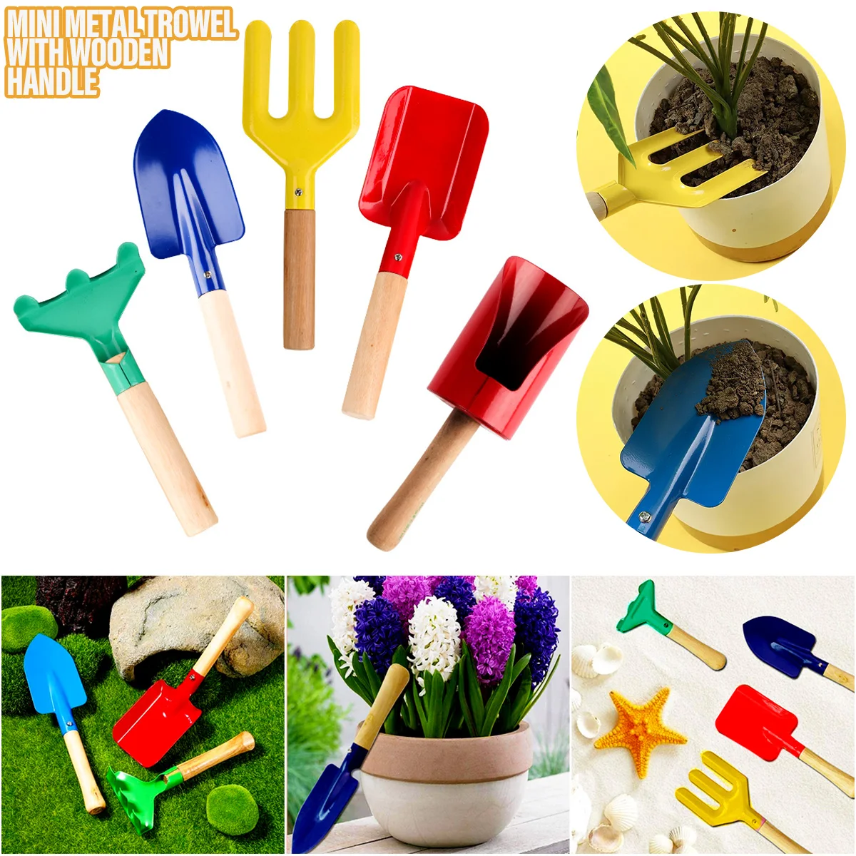 Kids Garden Tool Set Toy Gardening Yard Spoon Shovel Rake Trowel Fork Soil Planting Digging Transplanting Safe Beach Sand Toys