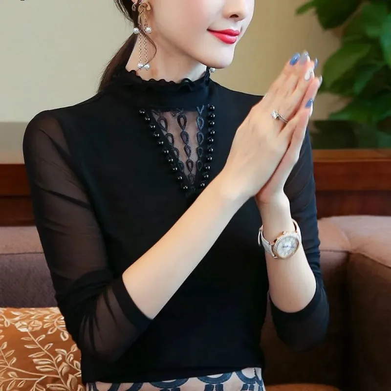 البطن تغطي قاع قميص النمط الغربي شبكة طويلة الأكمام المرأة تي شيرت ربيع الخريف المرأة تنوعا رقيقة