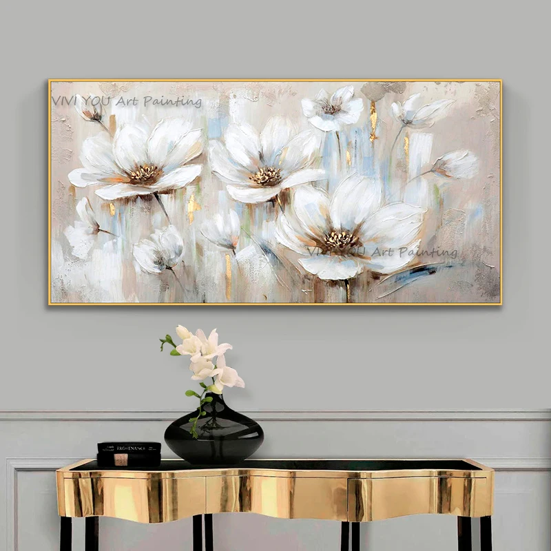 100% Handpainted Thick Impasto Abstract White Flower Canvas Oil Painting for Sofa Background Neutral Luxury Farmhouse Decor