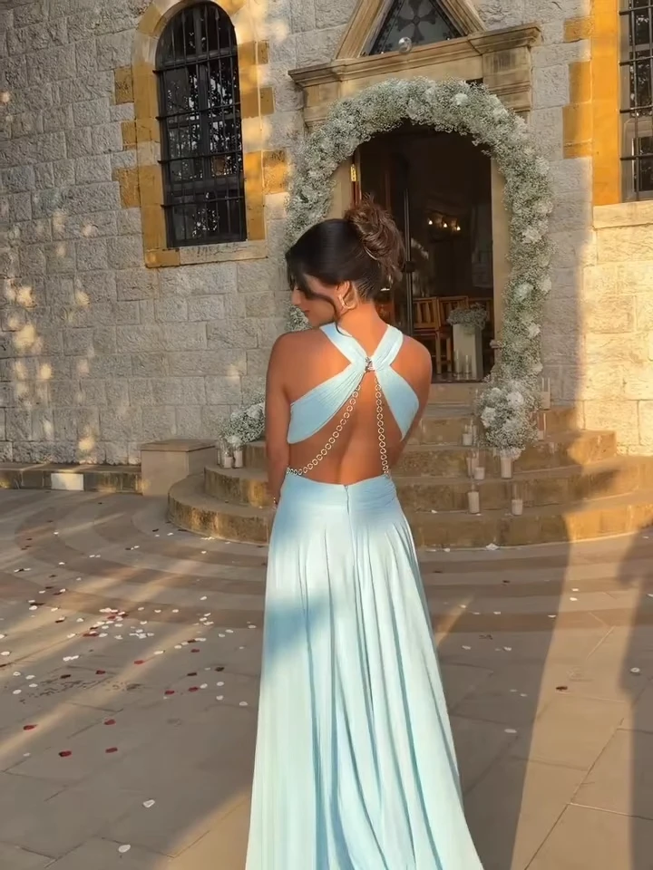 Customized Sky Blue Halter Metal Chain Backless A-line Cut Out Chest Prom Gowns Floor Length Side Slit Pleated Evening Dresses