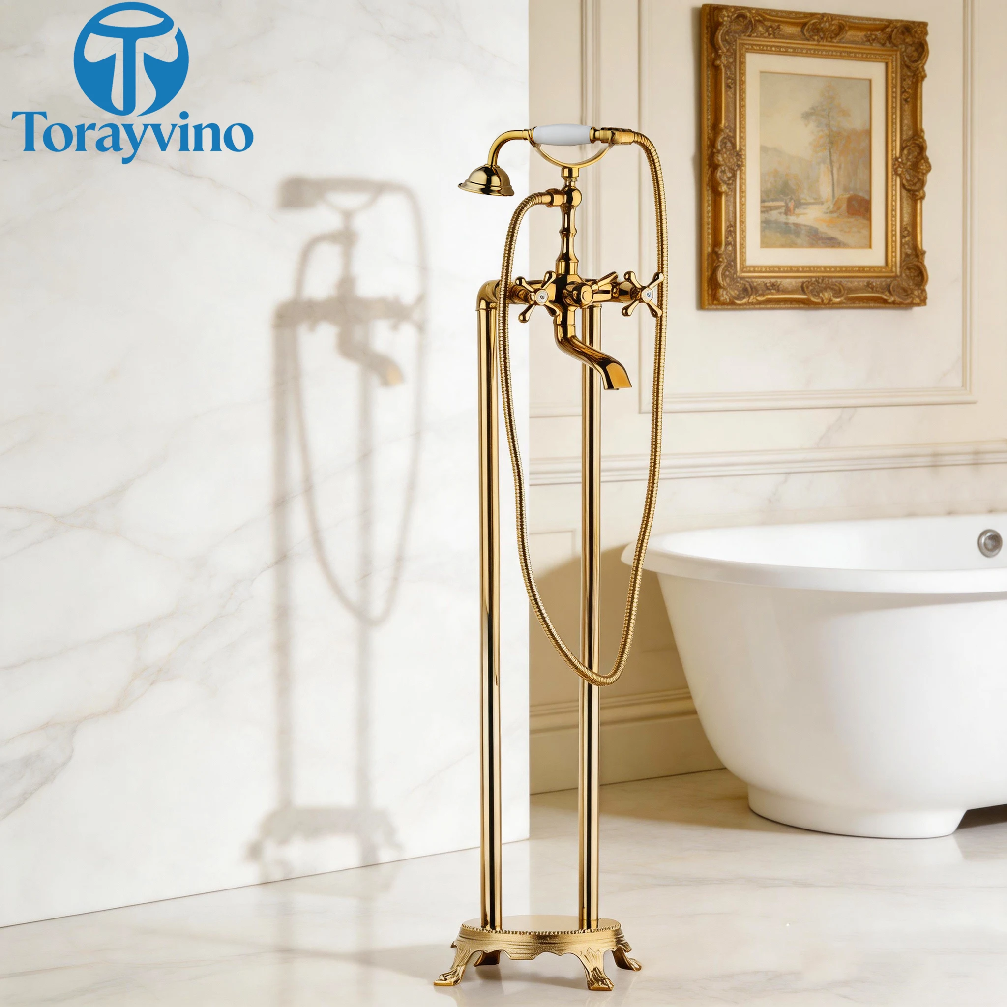 Torayvino Bathroom Gold Bathtub Shower Faucet Set Tub Filler Freestand Brushed  Shower Systerm 360 Swivel Brass Shower Faucet