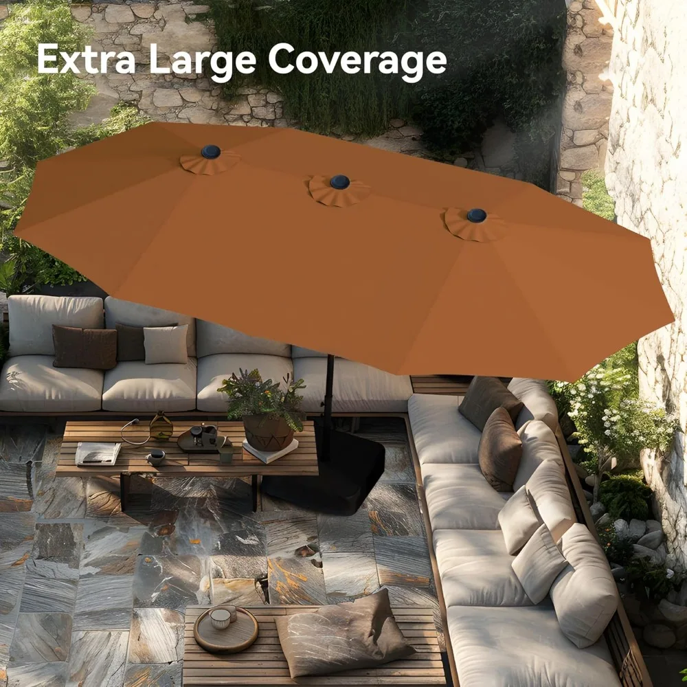 15ft Large Patio Umbrellas with Base Included, Outdoor Double-Sided Rectangle Market Umbrella with Crank Handle