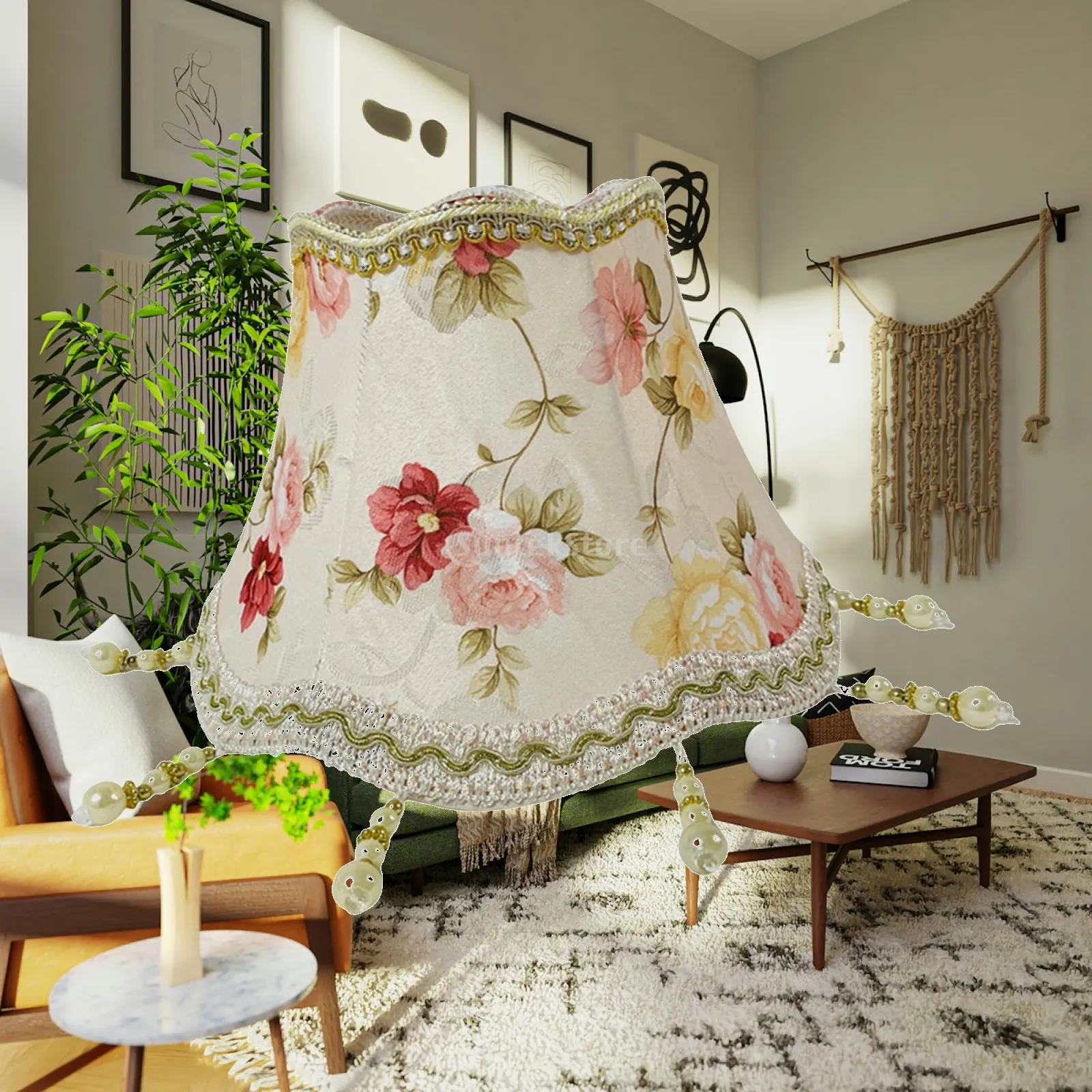 Lamp Shade with Fringe Lampshade E27 Light Base European Table Lampshade for Cafe Home Office Dining Room