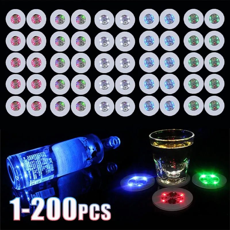 1-200PCS Multicolor LED Light Up Coaster Flashing Bottle Holder Sticker Glow Cup Pad for Bar KTV Pub Party Decoration Nightlife