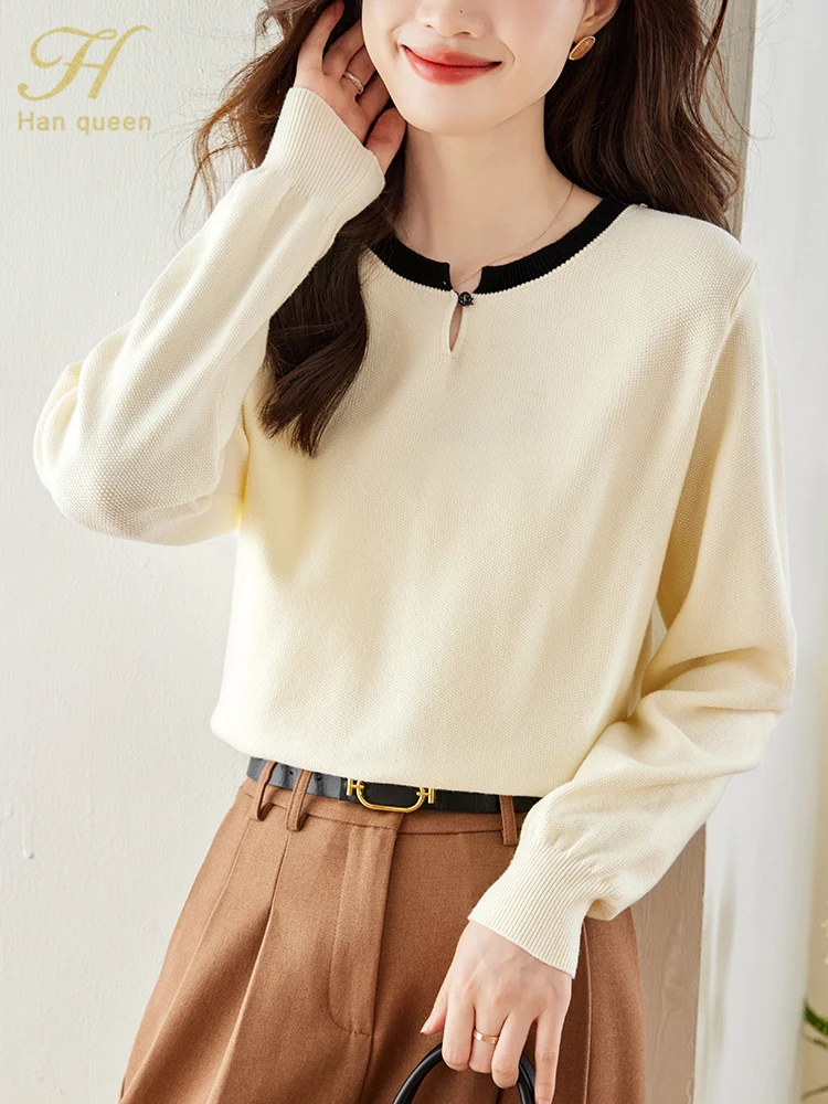 H Han Queen Autumn Winter Korean Elastic Knit Pullovers Sweaters Loose O-Neck Knitted Bottoming Shirt Long Sleeve Sweater Tops