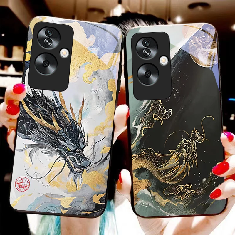 Chinese Loong Cartoon For Oppo A79 5G 58 78 74 60 4G Reno 11F Realme GT 6 11 Note 50 10 C55 X2 Tempered glass black phone case