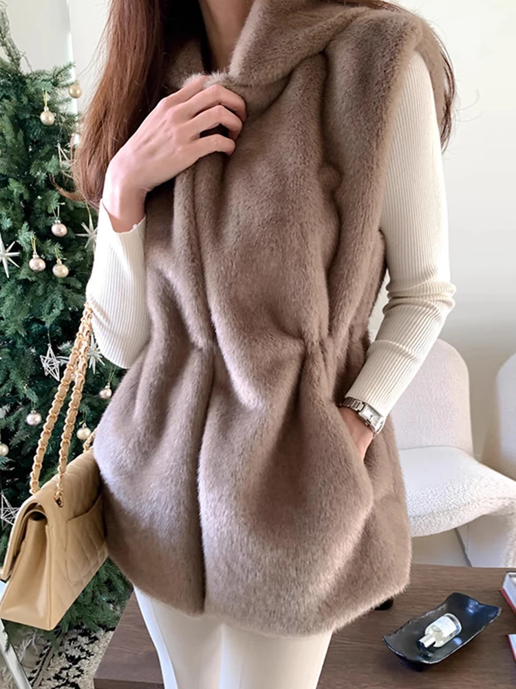 Elegant Autumn Winter Vintage Style Faux Mink Folded Waist Slimming Mid-Length Women's Vest Fur Coat Chic Commute Fashion