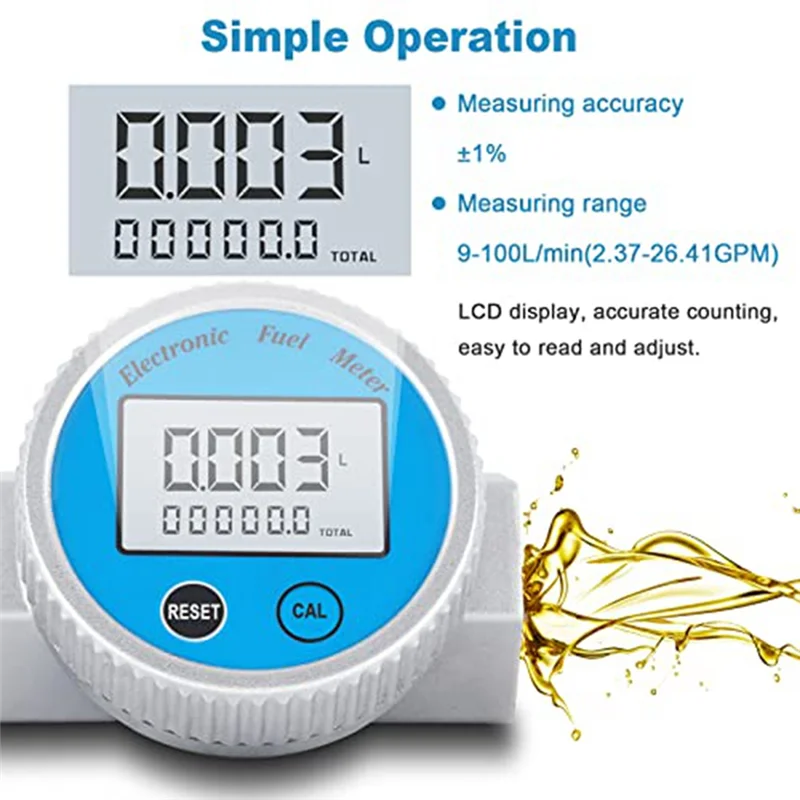 

BABP Turbine Flow Meter Waterproof Digital Fuel Flowmeter 2.37-26.41GPM for Water DieselFuel MethanolKerosene Oil (1In NPT)