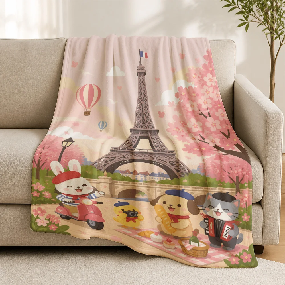 Cute Parisian Eiffel Tower Throw Blanket for Sofa Couch Spring Floral Design Anime Character Cozy Winter Decor Gift Home Accent