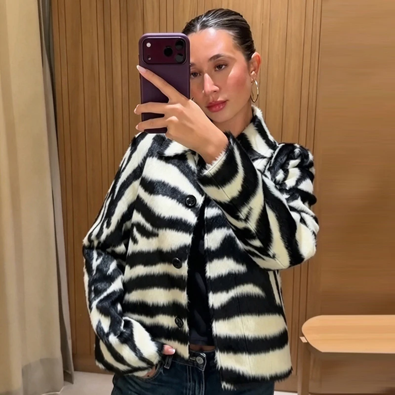 Women Zebra Print Fuzzy Set Lapel Collar Button Front Loose Fit Cropped Jacket Mini Skirt Outfit Y2K Street Ladies 2 Piece Set