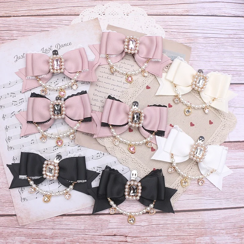 Handmade Lace Stitching Bow Pearl Beaded Shoe Buckle Sweet Cute Heart Shape Rhinestone Pendant Shoe Clip Lolita Shoe Decoration