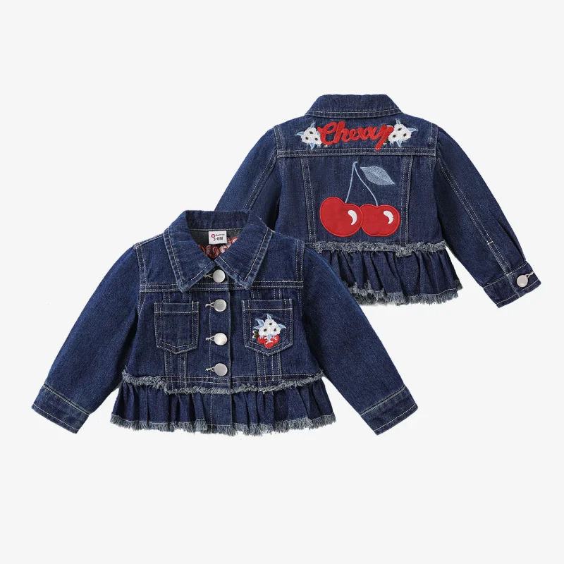 

PatPat Baby Girl Childlike Fruit Embroidery Lapel Denim Jacket