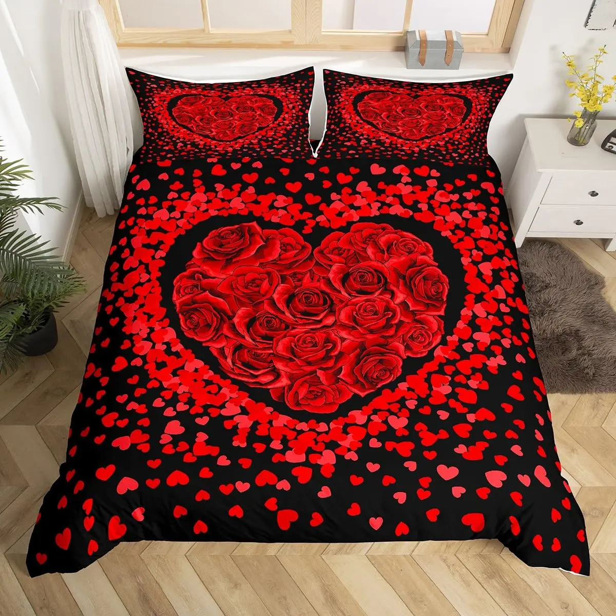 Valentine's Day Duvet Cover Queen Full Red Rose Romantic Flower Duvet Cover Heart Shaped Print Floral Black Soft Comforter Cover