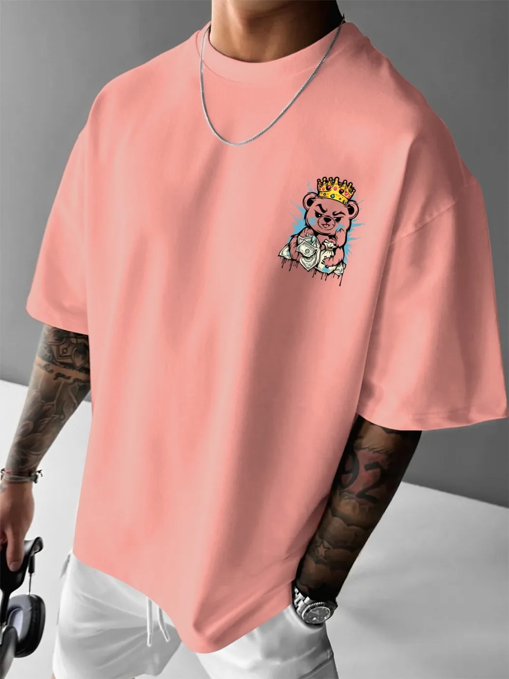 تي شيرت رجالي صيفي أمريكي الثروة تيدي بير مطبوع عليه حروف مريحة قابلة للتنفس برقبة دائرية في الهواء الطلق #5