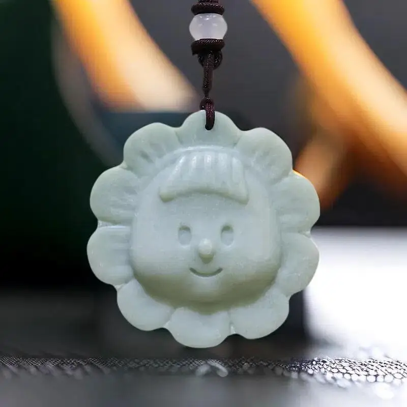 

Natural Real Jade Sunflower Girl Pendant Necklace Chinese Vintage Amulet Stone Carved Jewelry Gifts for Women Men Gift