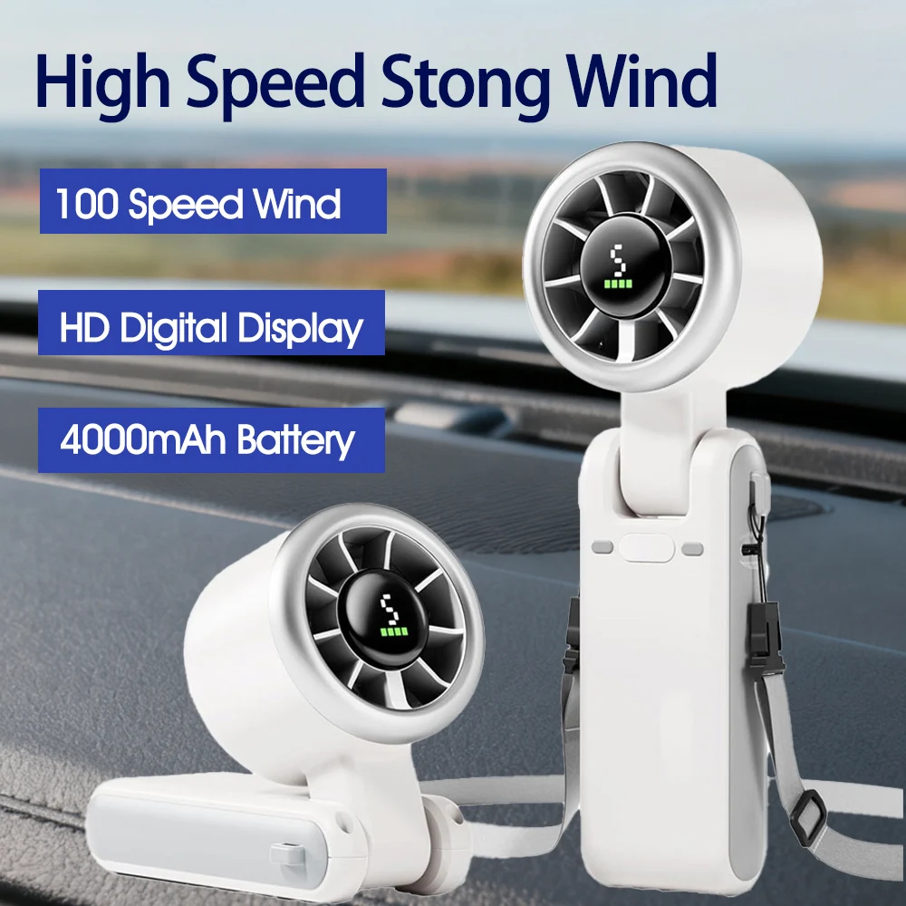 4000mAh Portable Fan Strong Wind Hand Fan 180 Angle Rechargeable Portable Outdoor Powerful Turbo Fan Hand Holding