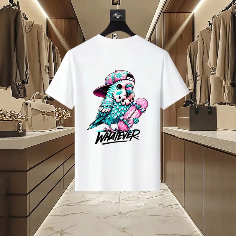 White Children's Adult T-shirt, Trendy Owl-print Short-sleeved Pure Cotton Youth-oriented Loose-fitting T-shirt