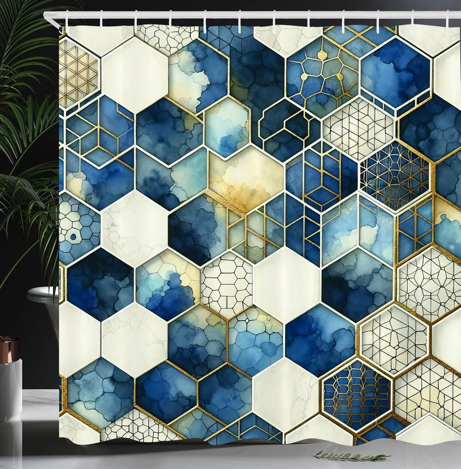 

180x180cm Geometric Hexagon Blue Gold Pattern Waterproof Shower Curtain Modern Bathroom Decor