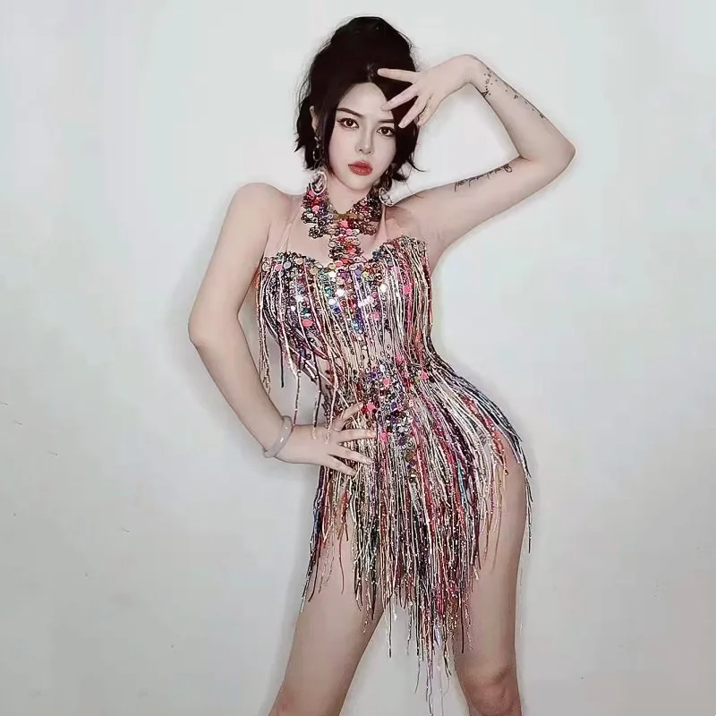 

Colorful Crystal Sequins Tassel Leotard Sexy DJ Dancer Singer Nightclub Stage Wear Fringe Bodysuit Performance Costume