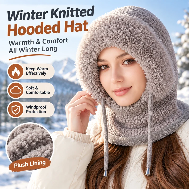 Women Winter Knitted Balaclava Hat With Face Cover And Neck Warmer All In One Fleece Lined Riding Beanie For Cycling Sports