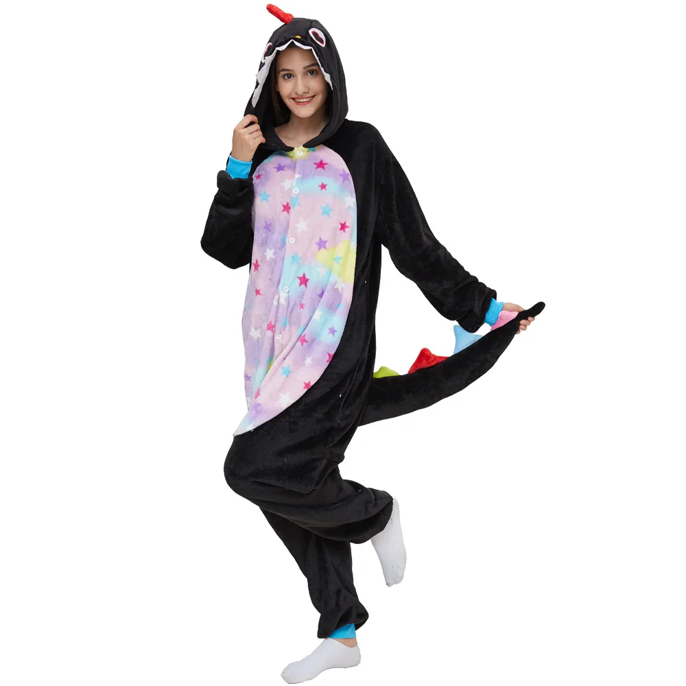 Disfraces de Cosplay de Halloween, Onesies de dragón negro, pijamas de una pieza para adultos, ropa de dormir, camisón, mono de franela, ropa de casa