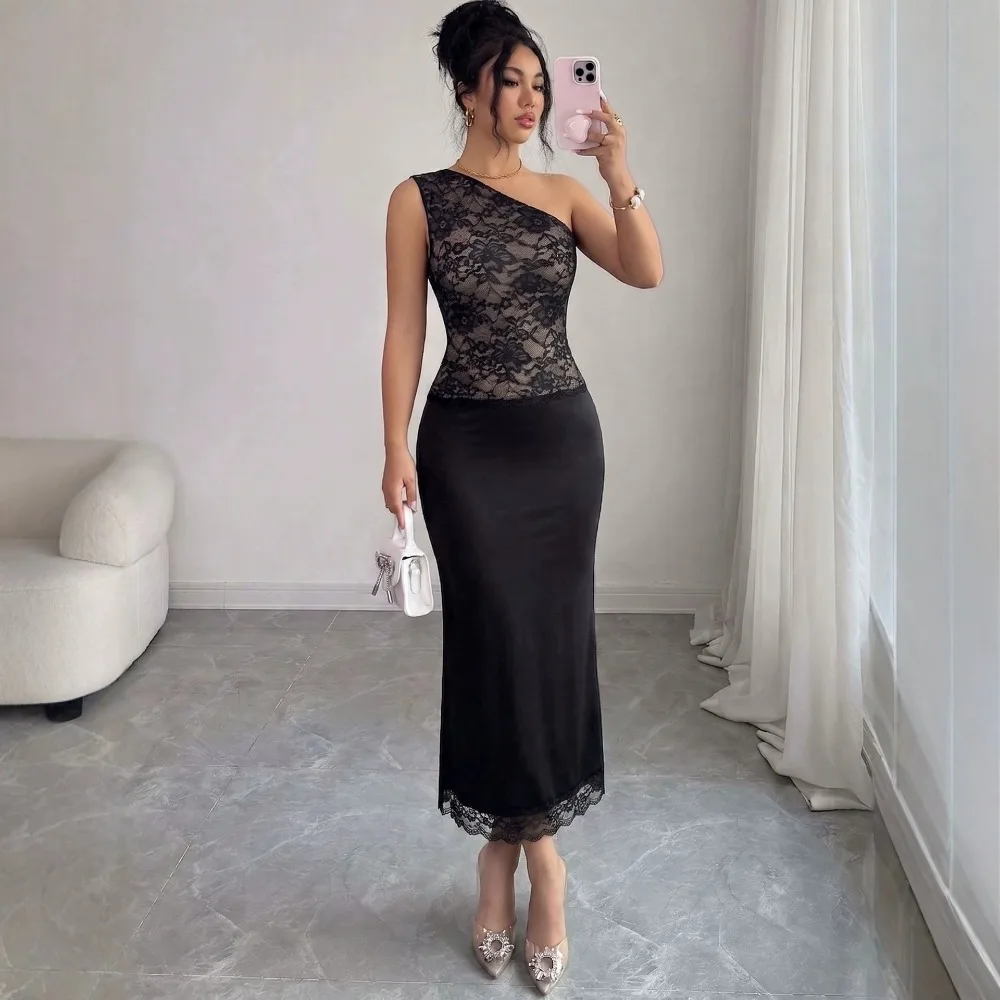 Women Elegant One Shoulder Maxi Dress 2026 Summer, Lace Patchwork Slim Bodycon Long DressWedding Guest Formal Evening Occasion