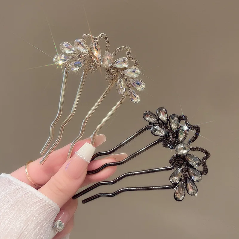 Fashion Rhinestones U-Shaped Hair Sticks Butterfly Hair Stick for Women Bun Comb Hanfu Metal Hair Clips Hair Accessories Hairpin