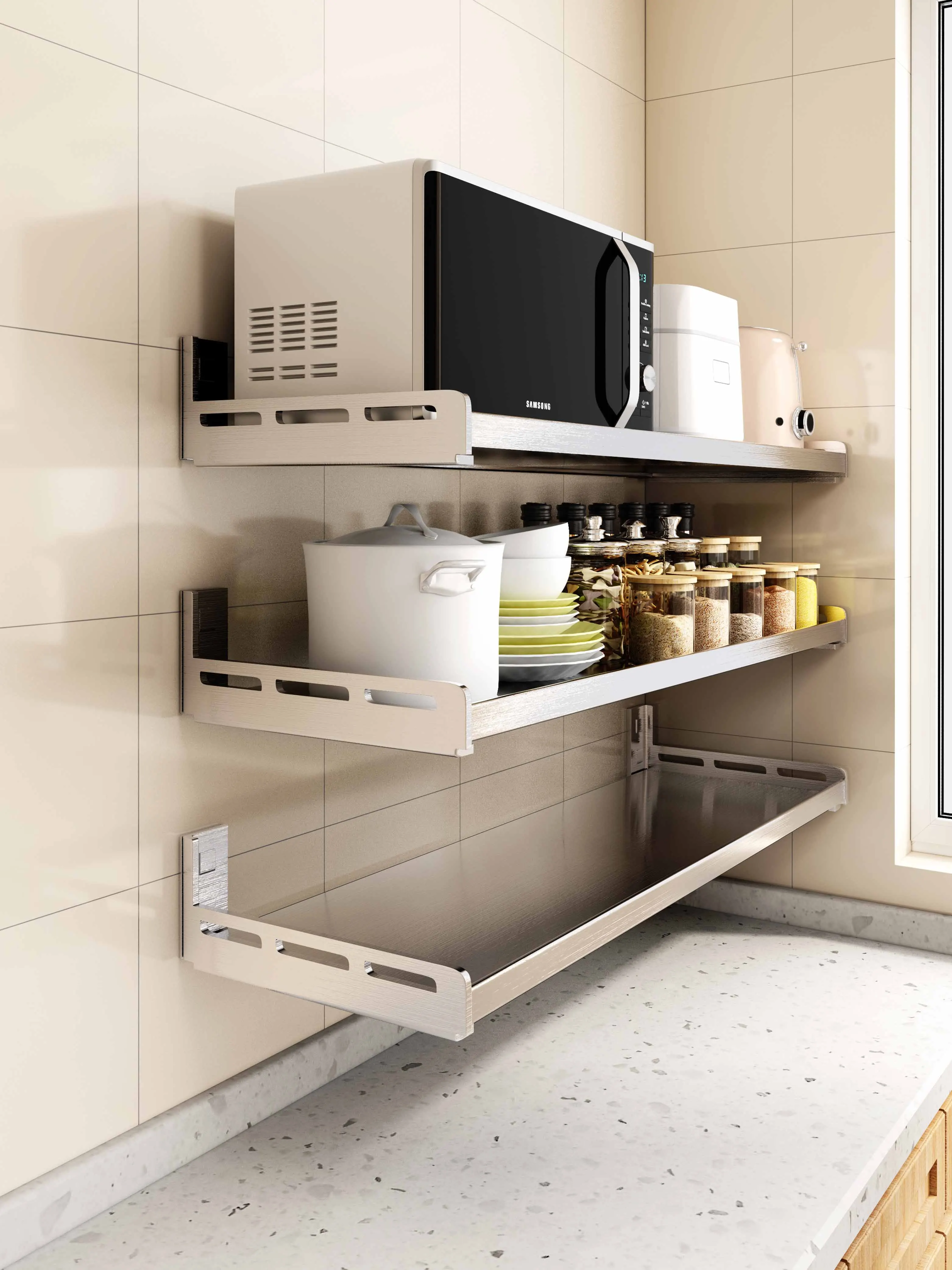 304 stainless steel wall mounted kitchen shelf, wall microwave oven, oven storage bracket, non punching multifunctional