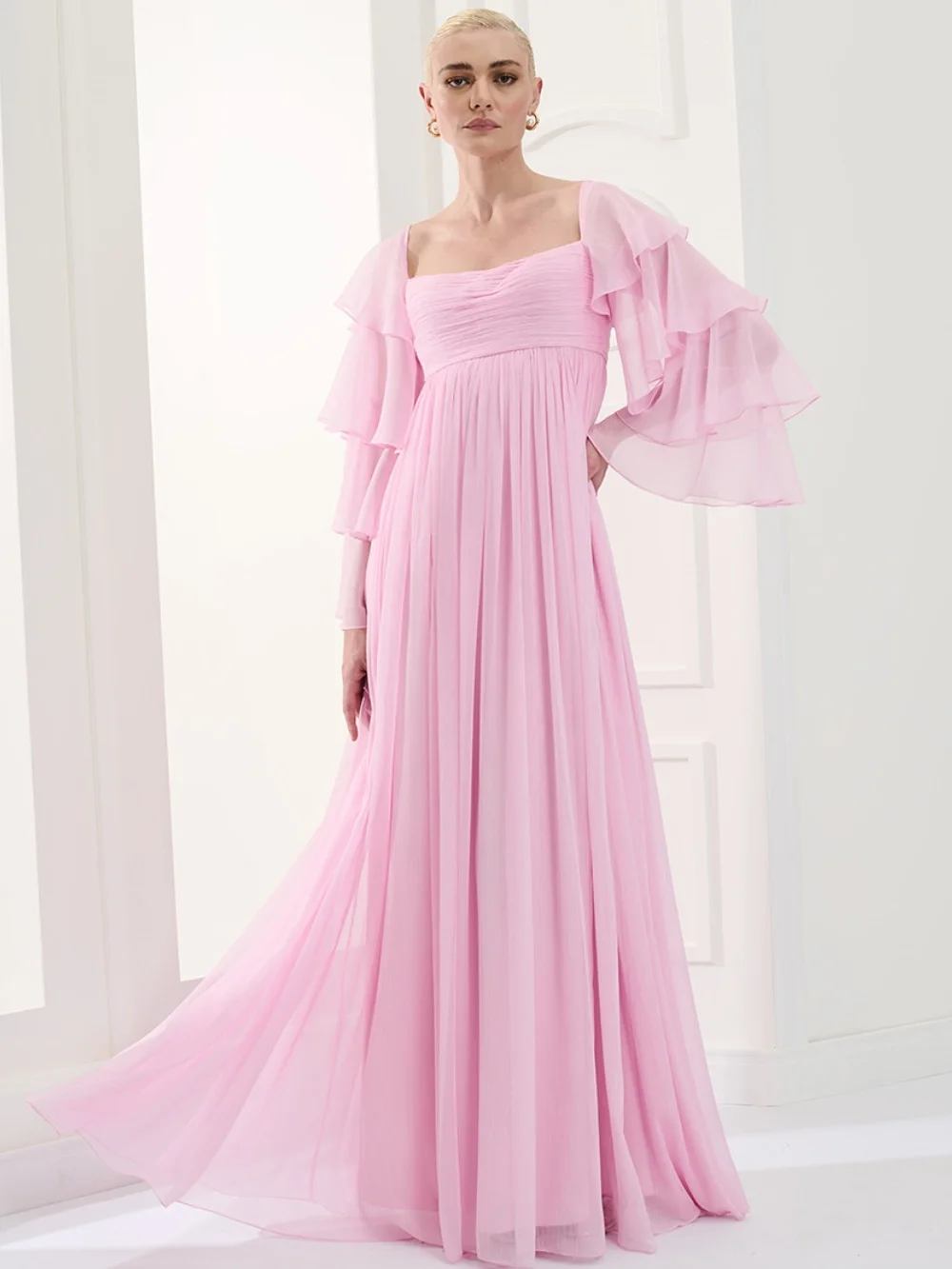 

Customized High Quality Chiffon Pleat A-line Square Neck Long Dresses Prom Dresses Classic Exquisite Modern Style Pastrol Chine