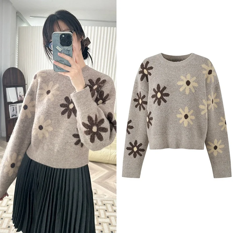 

Высококачественная версия с цветочным контрастным цветочным узором, круглый вязаный свитер, повседневный топ для женщин, длинный топ в европейском стиле...