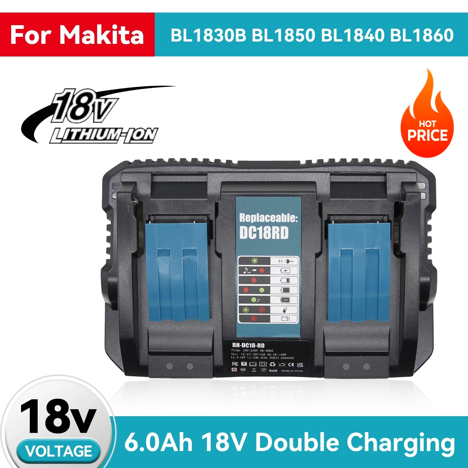 

DC18RD 18V Dual Charger For Makita BL1830,BL1415,BL1430,BL1840,BL1850,BL1860,14.4V-18V Li-ion Batteries Replacement 6A Charger