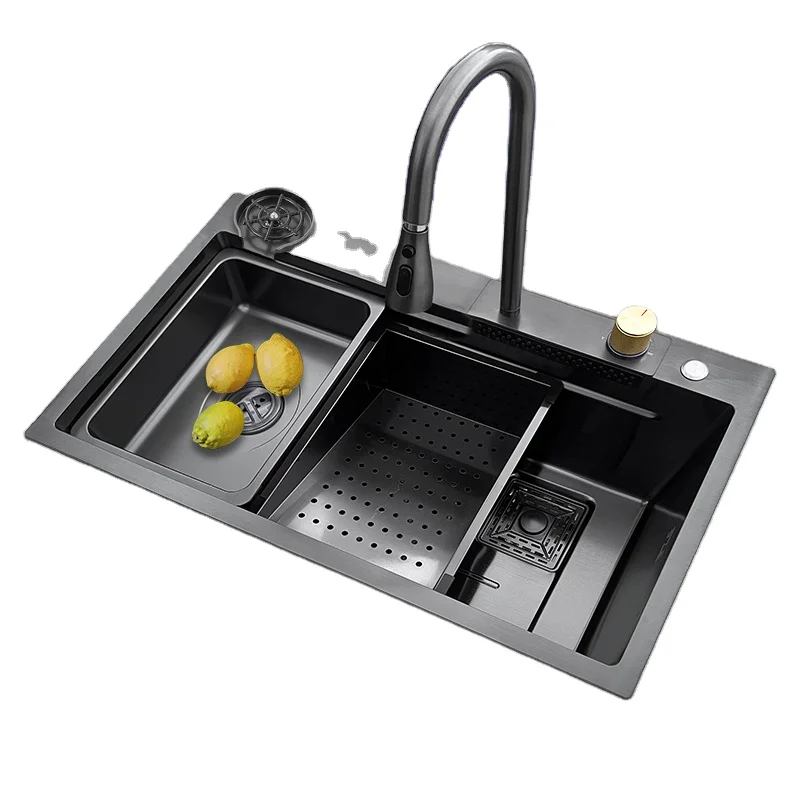 

K Nano Step Kitchen Sink 304 Stainless Steel Handmade Above Mount Waterfall Faucet Farmhouse Kitchen Black Sinks