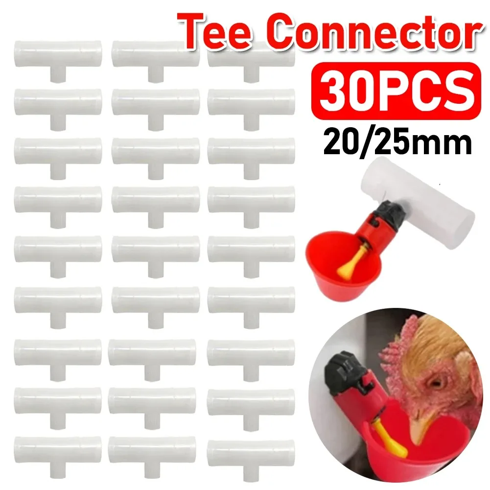 Cuenco automático para bebedero de pollo, accesorios en t de PVC de 30-6 piezas, 20/25mm, conector en T de plástico para bebedero de ganado